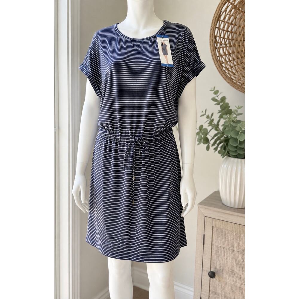 Hilary Radley Dress Women’s L Blue White Stripe Drawstring Waist Summer Casual